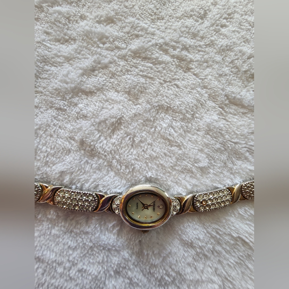 Avon Women’s Quartz Watch with Rhinestone Bracelet–Gold & Silver Tone Works